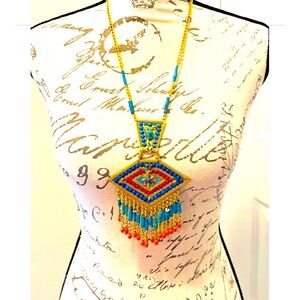 VTG 60s Enamel Natural Stone Scarab Egyptian Revival Rare Chain Pendant Necklace